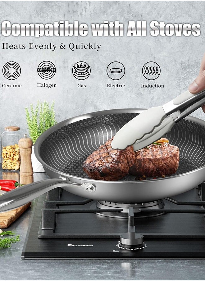 28CM Stainless Steel Frying Pan with Lid, Nonstick Fry Pan with Honeycomb Carving, Induction Skillet Compatible with All Cooktops, Stay-Cool Handle, Dishwasher & Oven Safe, Non-Toxic