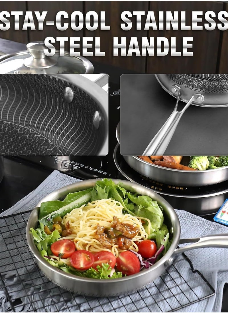 28CM Stainless Steel Frying Pan with Lid, Nonstick Fry Pan with Honeycomb Carving, Induction Skillet Compatible with All Cooktops, Stay-Cool Handle, Dishwasher & Oven Safe, Non-Toxic