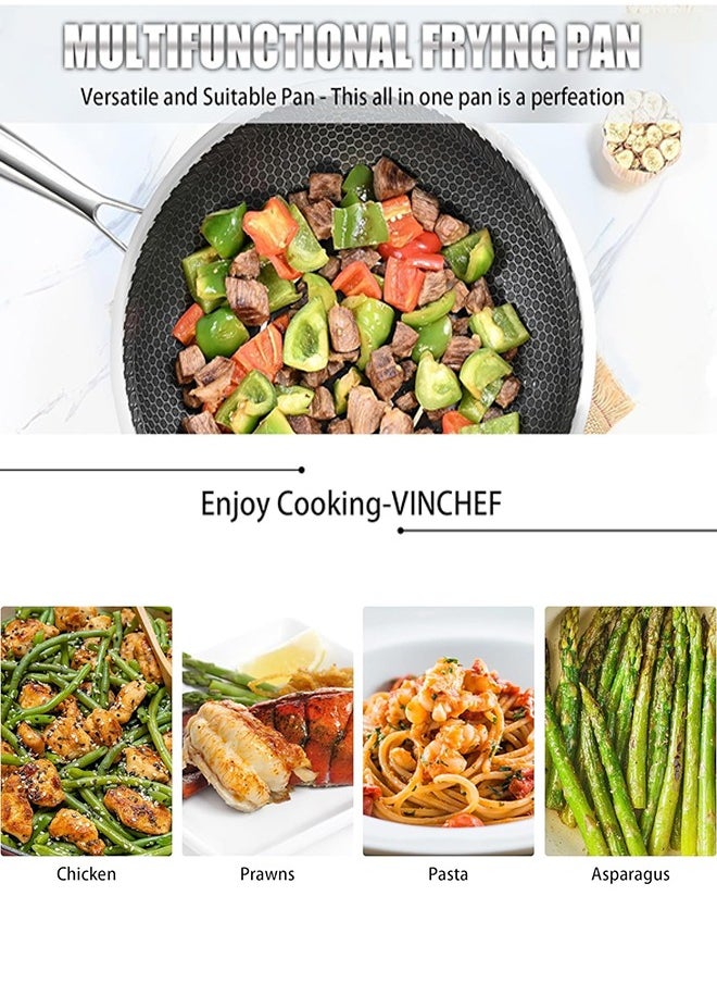 28CM Stainless Steel Frying Pan with Lid, Nonstick Fry Pan with Honeycomb Carving, Induction Skillet Compatible with All Cooktops, Stay-Cool Handle, Dishwasher & Oven Safe, Non-Toxic