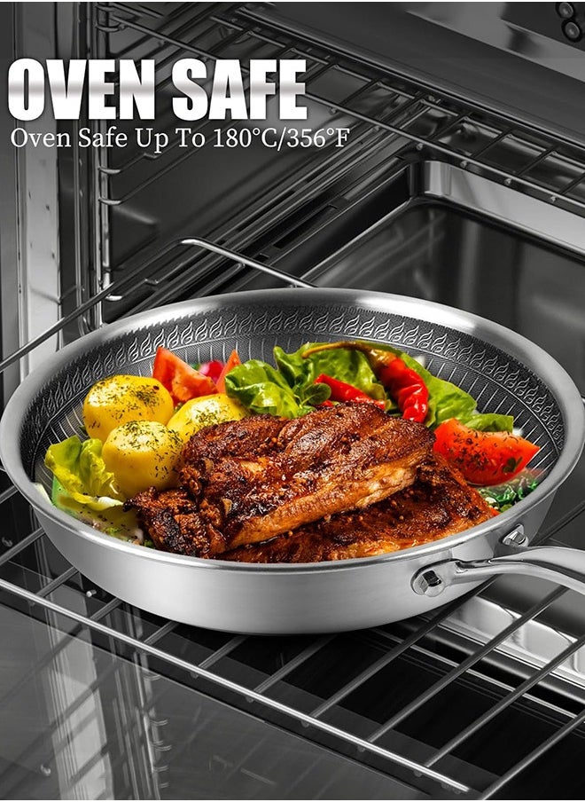 28CM Stainless Steel Frying Pan with Lid, Nonstick Fry Pan with Honeycomb Carving, Induction Skillet Compatible with All Cooktops, Stay-Cool Handle, Dishwasher & Oven Safe, Non-Toxic