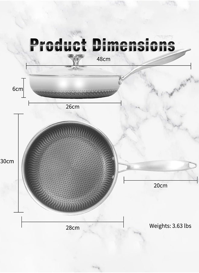 28CM Stainless Steel Frying Pan with Lid, Nonstick Fry Pan with Honeycomb Carving, Induction Skillet Compatible with All Cooktops, Stay-Cool Handle, Dishwasher & Oven Safe, Non-Toxic