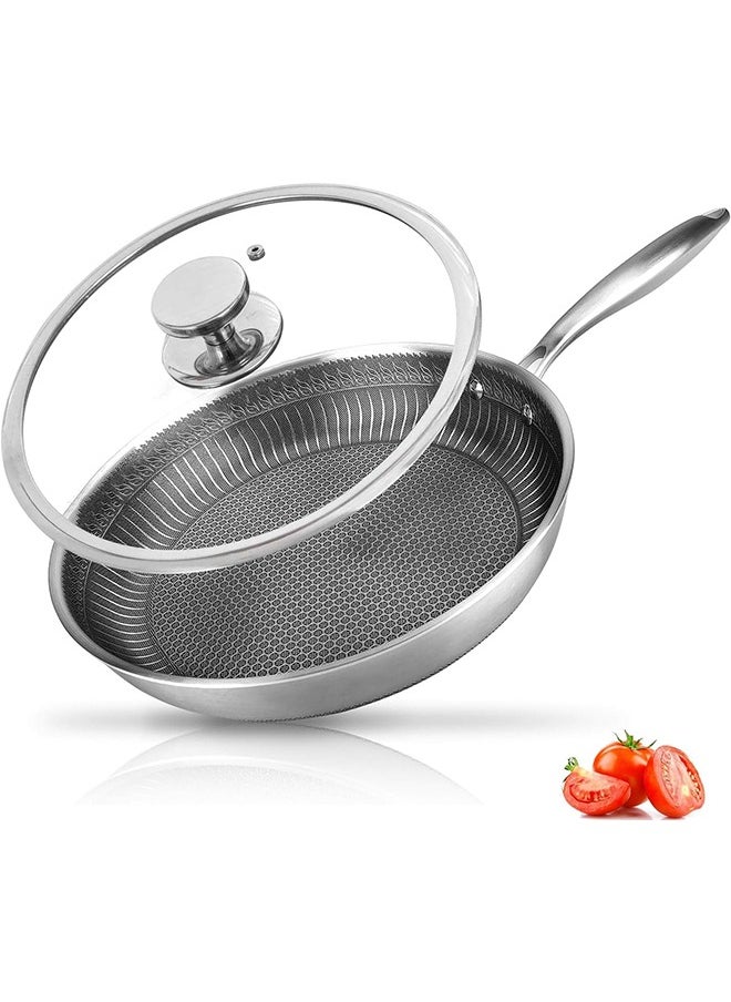 28CM Stainless Steel Frying Pan with Lid, Nonstick Fry Pan with Honeycomb Carving, Induction Skillet Compatible with All Cooktops, Stay-Cool Handle, Dishwasher & Oven Safe, Non-Toxic