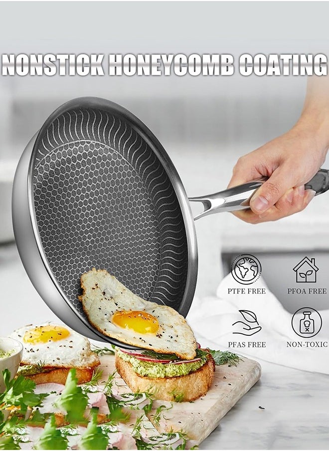 28CM Stainless Steel Frying Pan with Lid, Nonstick Fry Pan with Honeycomb Carving, Induction Skillet Compatible with All Cooktops, Stay-Cool Handle, Dishwasher & Oven Safe, Non-Toxic