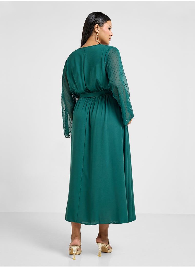 Wrap Dress With Sheer Sleeves