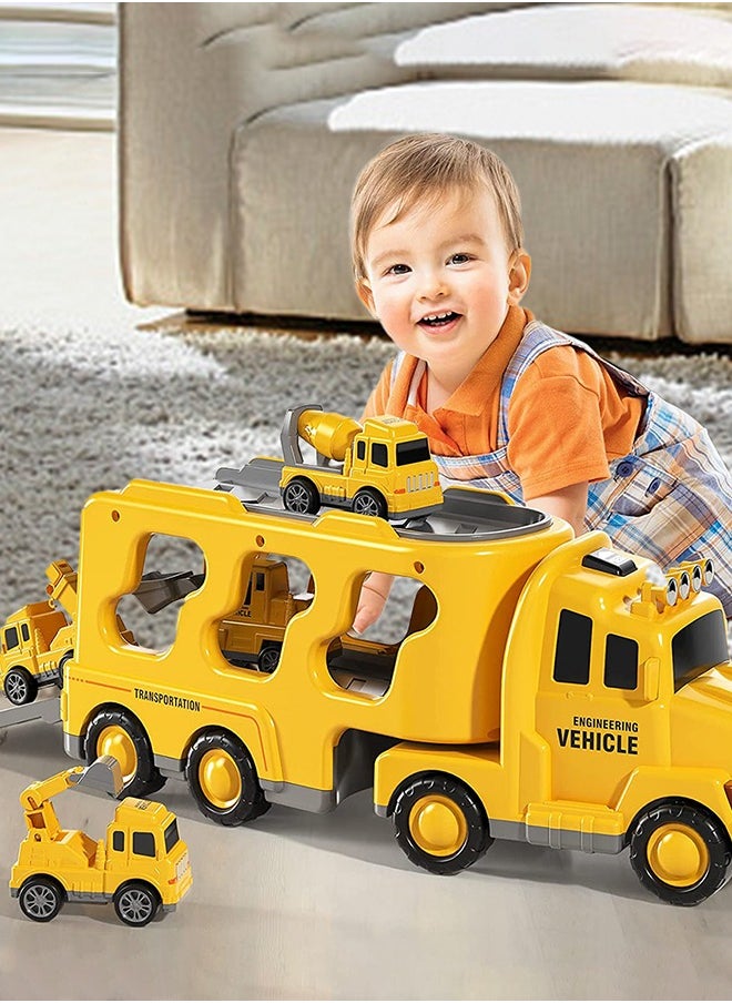 Construction Toddler Truck Toys for 3 4 5 6 Year Old Boys - 5-in-1 Friction Power Vehicle Car Toy for Toddlers 1-3, Carrier Truck Toys for Kids 3-5.