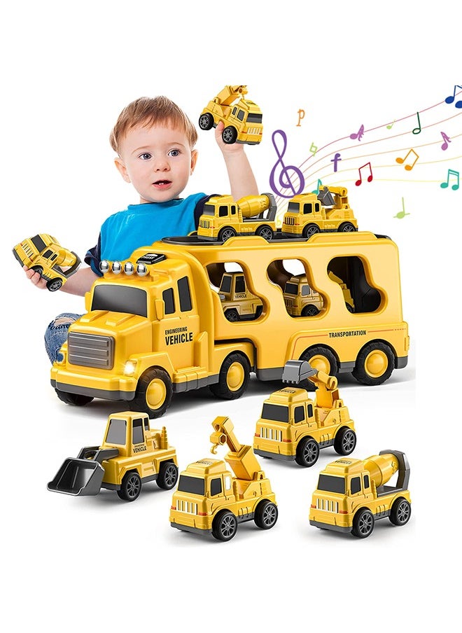 Construction Toddler Truck Toys for 3 4 5 6 Year Old Boys - 5-in-1 Friction Power Vehicle Car Toy for Toddlers 1-3, Carrier Truck Toys for Kids 3-5.