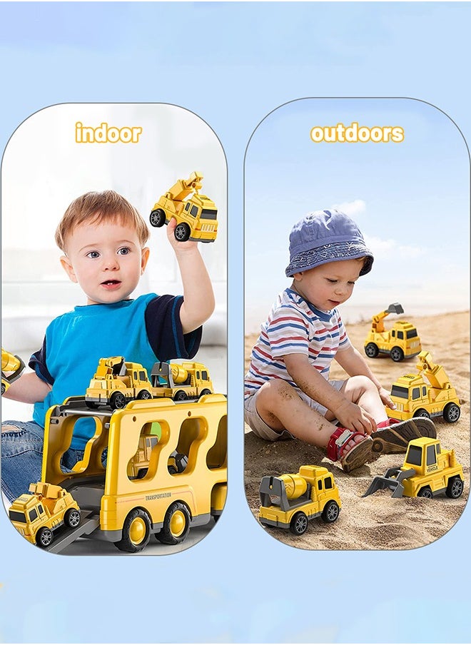 Construction Toddler Truck Toys for 3 4 5 6 Year Old Boys - 5-in-1 Friction Power Vehicle Car Toy for Toddlers 1-3, Carrier Truck Toys for Kids 3-5.