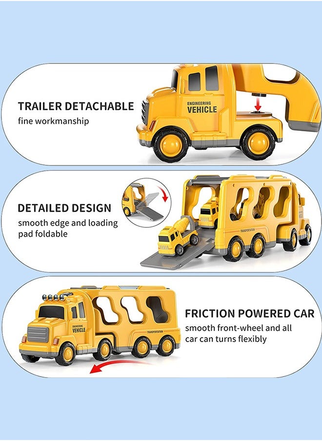 Construction Toddler Truck Toys for 3 4 5 6 Year Old Boys - 5-in-1 Friction Power Vehicle Car Toy for Toddlers 1-3, Carrier Truck Toys for Kids 3-5.