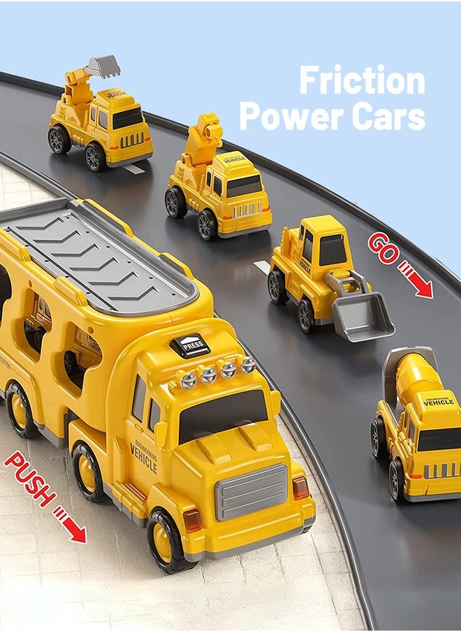 Construction Toddler Truck Toys for 3 4 5 6 Year Old Boys - 5-in-1 Friction Power Vehicle Car Toy for Toddlers 1-3, Carrier Truck Toys for Kids 3-5.