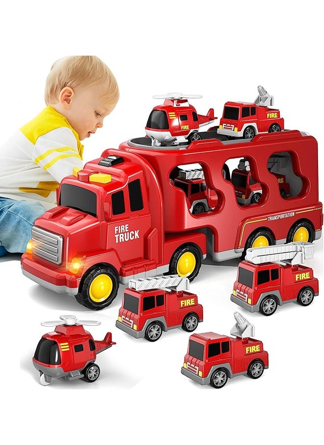 Toddler Carrier Truck Transport Vehicles Toys - 5 in 1 Toys for 3 4 5 6 7 Year Old Boys, Kids Toy Cars for Toddlers 1-3, Friction Power Set for Kids 3-9, Christmas for 3+ (5 in 1 Fire Truck)