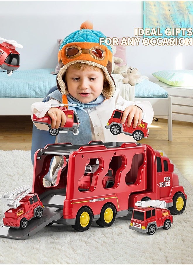 Toddler Carrier Truck Transport Vehicles Toys - 5 in 1 Toys for 3 4 5 6 7 Year Old Boys, Kids Toy Cars for Toddlers 1-3, Friction Power Set for Kids 3-9, Christmas for 3+ (5 in 1 Fire Truck)