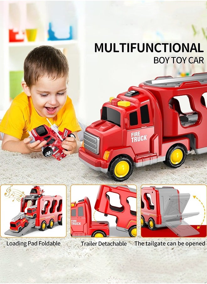 Toddler Carrier Truck Transport Vehicles Toys - 5 in 1 Toys for 3 4 5 6 7 Year Old Boys, Kids Toy Cars for Toddlers 1-3, Friction Power Set for Kids 3-9, Christmas for 3+ (5 in 1 Fire Truck)