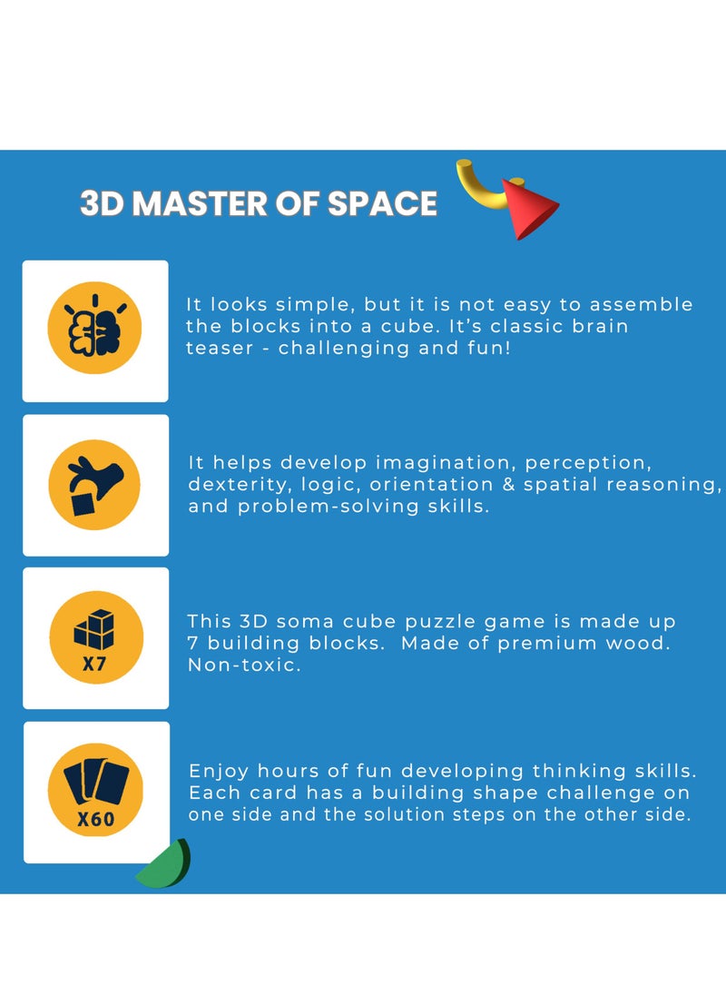 3D Soma Cube Puzzle for Adults and Kids Brain Teaser Wooden Block Math Puzzle Cube Children's spatial logic sense training Montessori Educational Toys Gifts for Adults and Kids Ages 4+