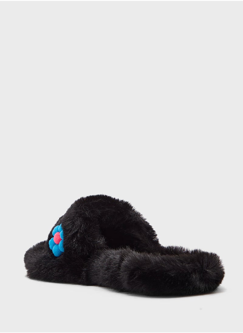 Floral Trim  Fluffy Bedroom Slippers
