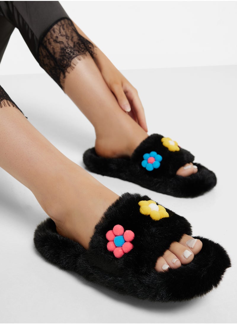 Floral Trim  Fluffy Bedroom Slippers