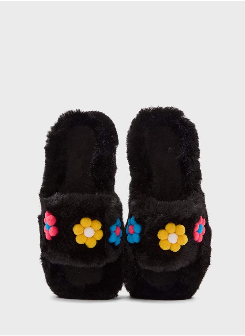 Floral Trim  Fluffy Bedroom Slippers