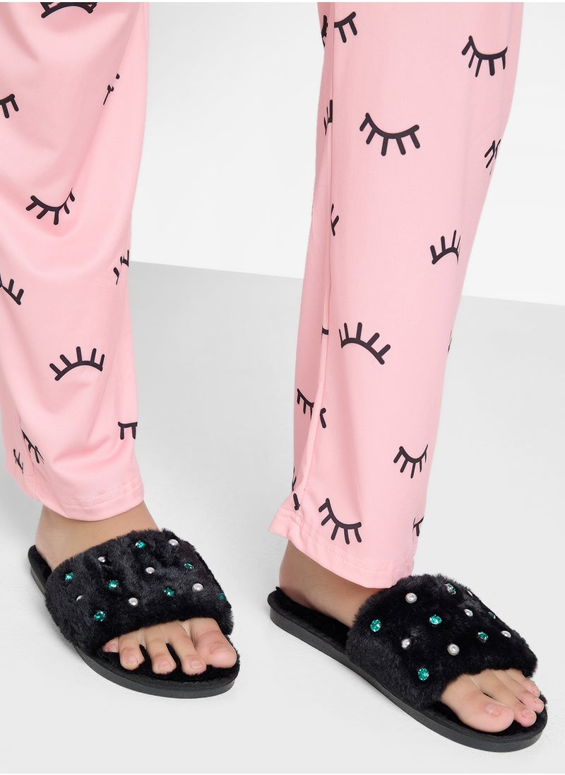 Pearl Diamante Bedroom Slippers