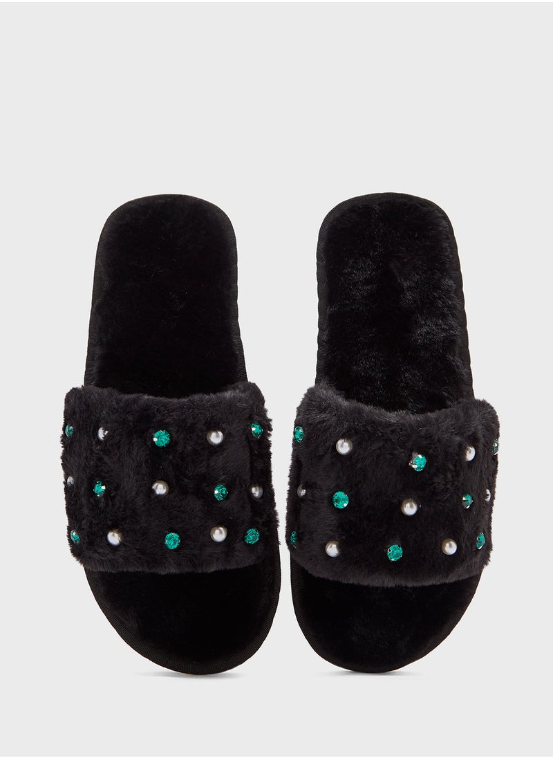 Pearl Diamante Bedroom Slippers