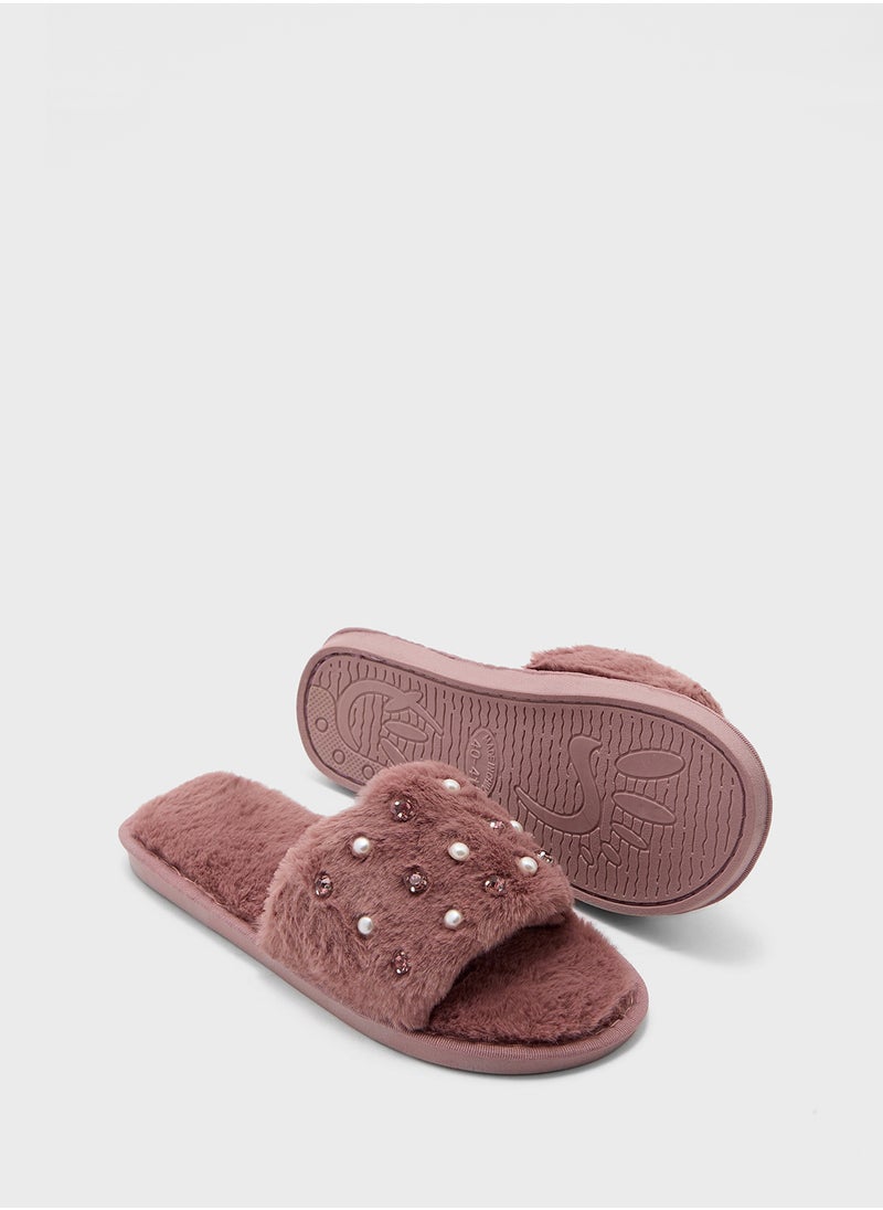 Pearl Diamante Bedroom Slippers