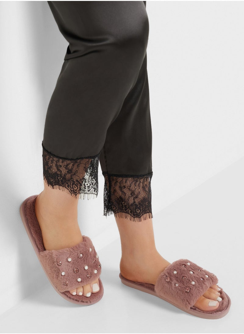 Pearl Diamante Bedroom Slippers