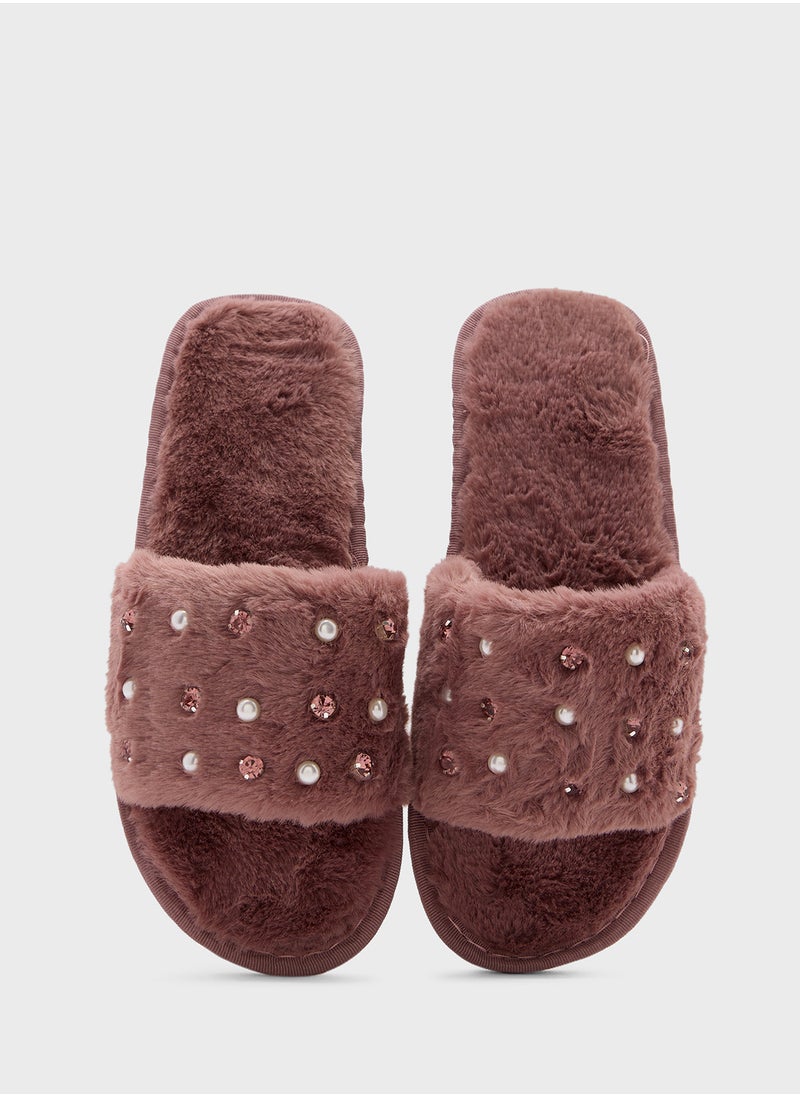 Pearl Diamante Bedroom Slippers