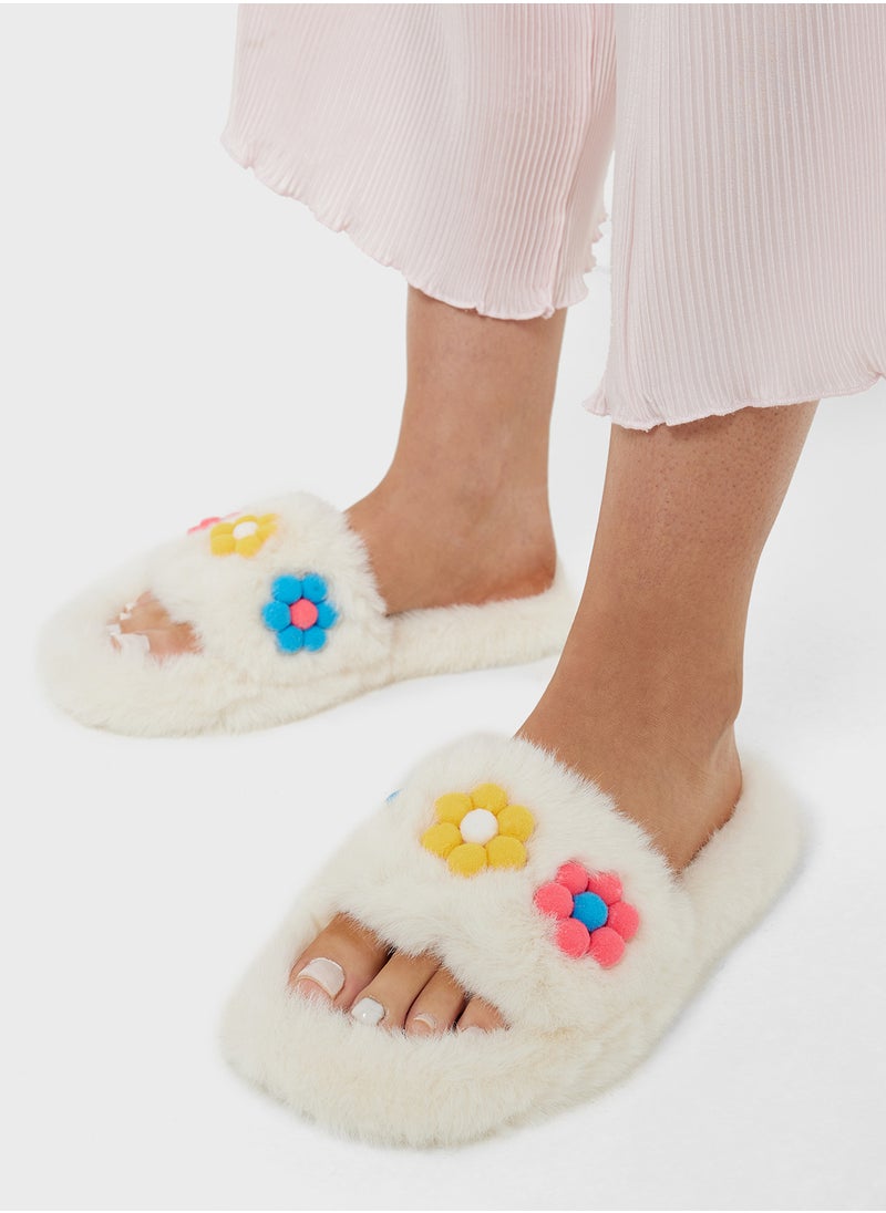 Floral Trim  Fluffy Bedroom Slippers