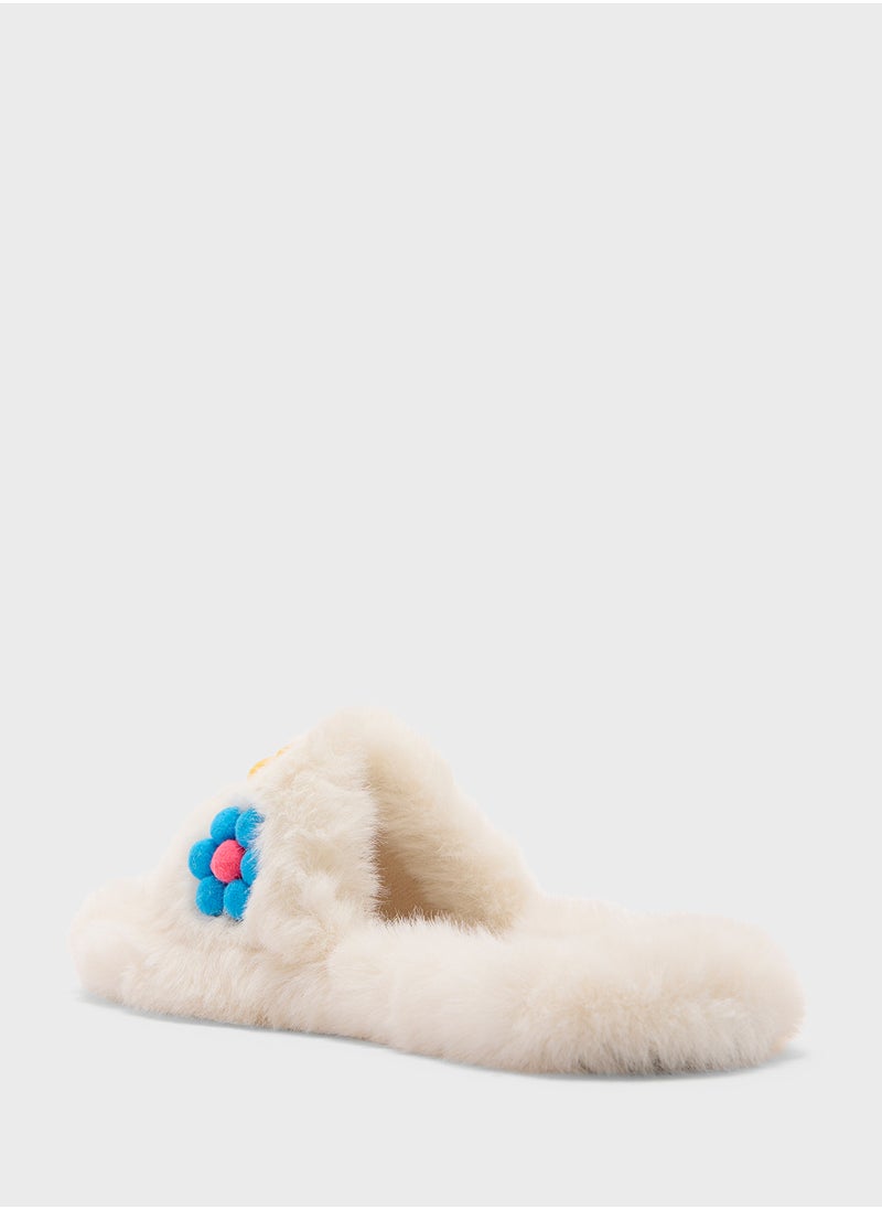 Floral Trim  Fluffy Bedroom Slippers