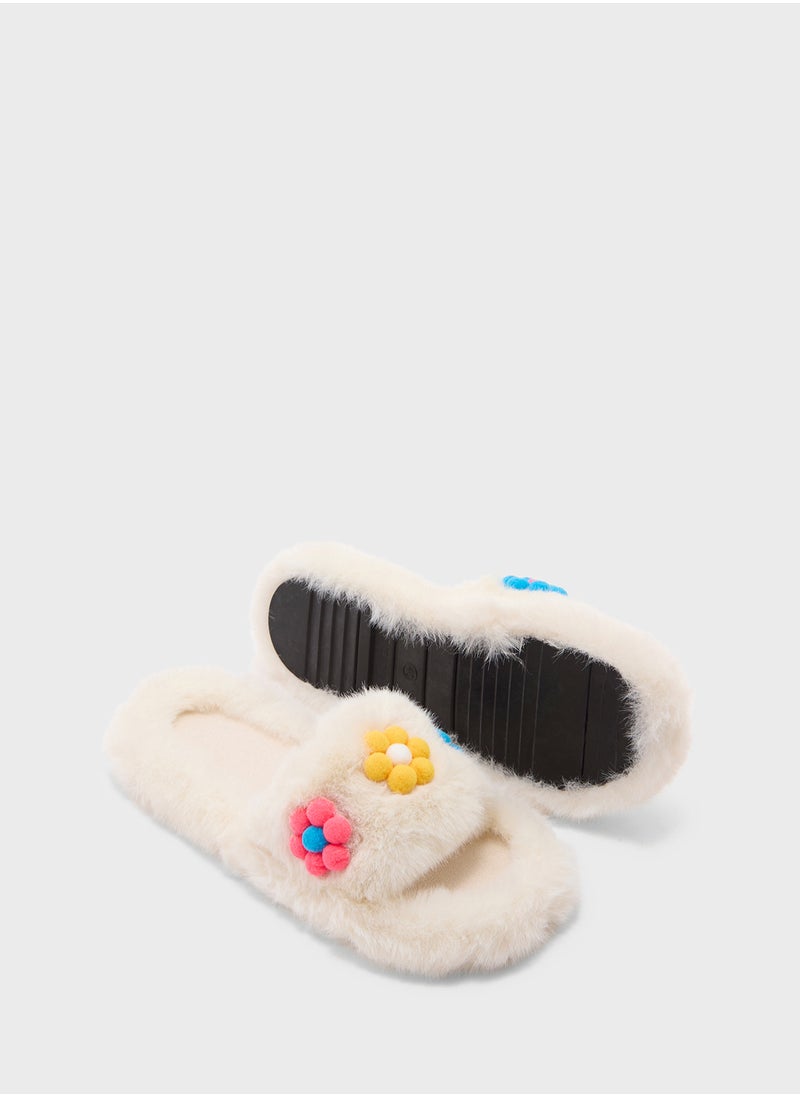Floral Trim  Fluffy Bedroom Slippers
