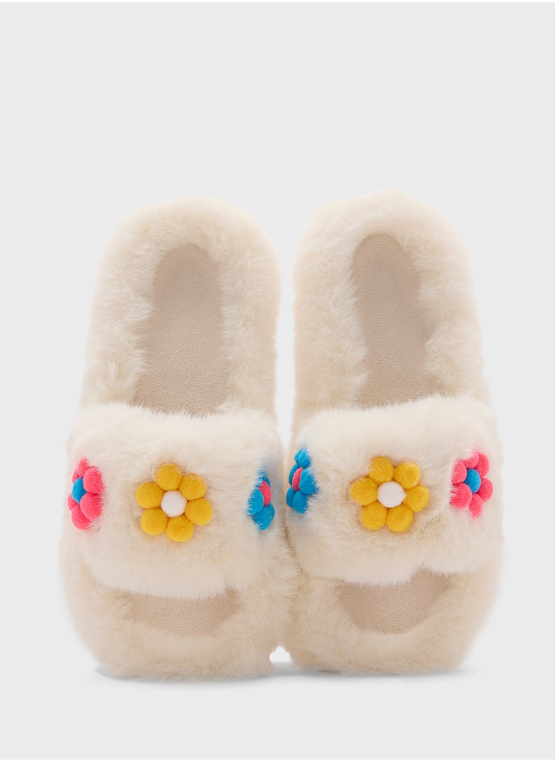 Floral Trim  Fluffy Bedroom Slippers