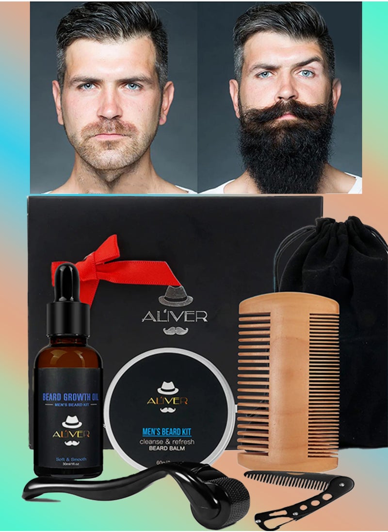 Beard Growth Kit with Beard Growth Oil Beard Balm and Beard Roller for Men care Beard Trimming Kit with Comb Beard Growth Serum with Microneedle Roller Beard Regrowth Beard Grooming Kit