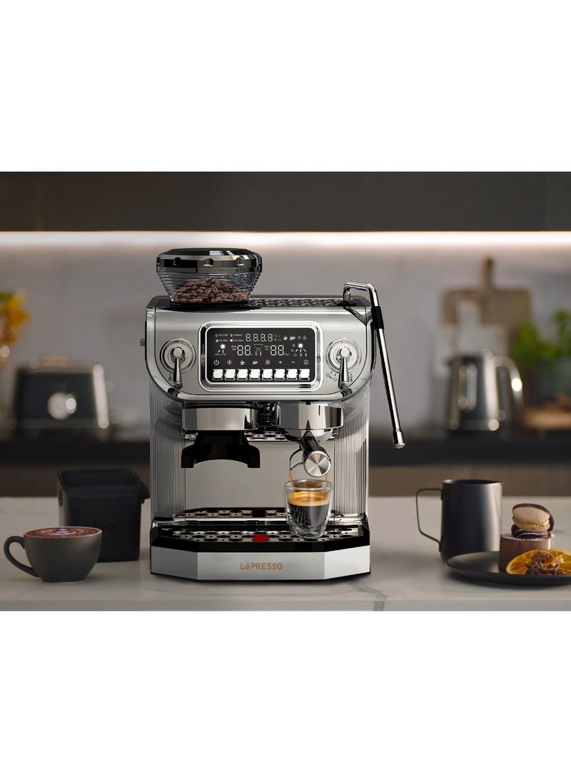 Dual Boiler Espresso Machine / Grinder & Steamer /1400W Thermo-Block Boiler / Hot Water Dispenser / Interactive Display / Italian Pump / with Stamper & Milk Pitcher / Powerful Coffee Machine for Home and Office - Silver
