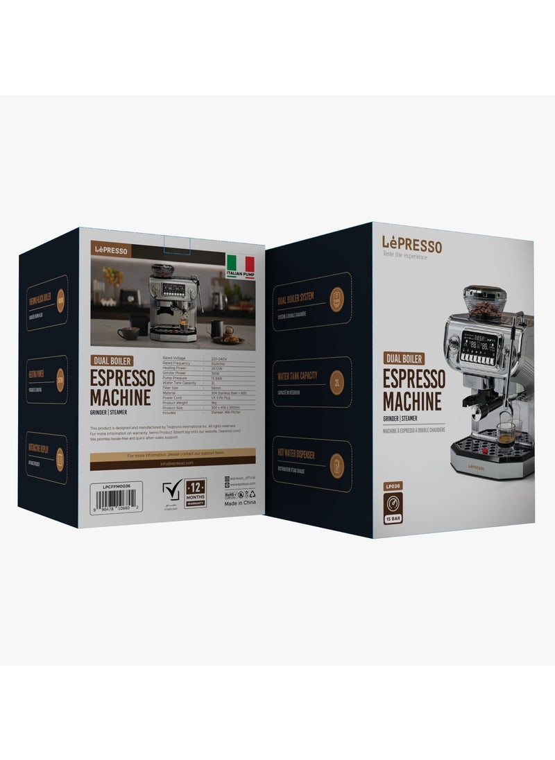 Dual Boiler Espresso Machine / Grinder & Steamer /1400W Thermo-Block Boiler / Hot Water Dispenser / Interactive Display / Italian Pump / with Stamper & Milk Pitcher / Powerful Coffee Machine for Home and Office - Silver