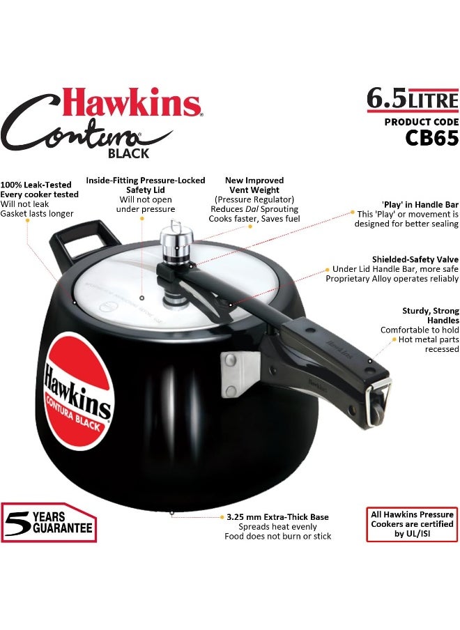 Hawkins 6.5 Litre Contura Black Pressure Cooker, Hard Anodised Inner Lid Cooker, Handi Cooker, Black