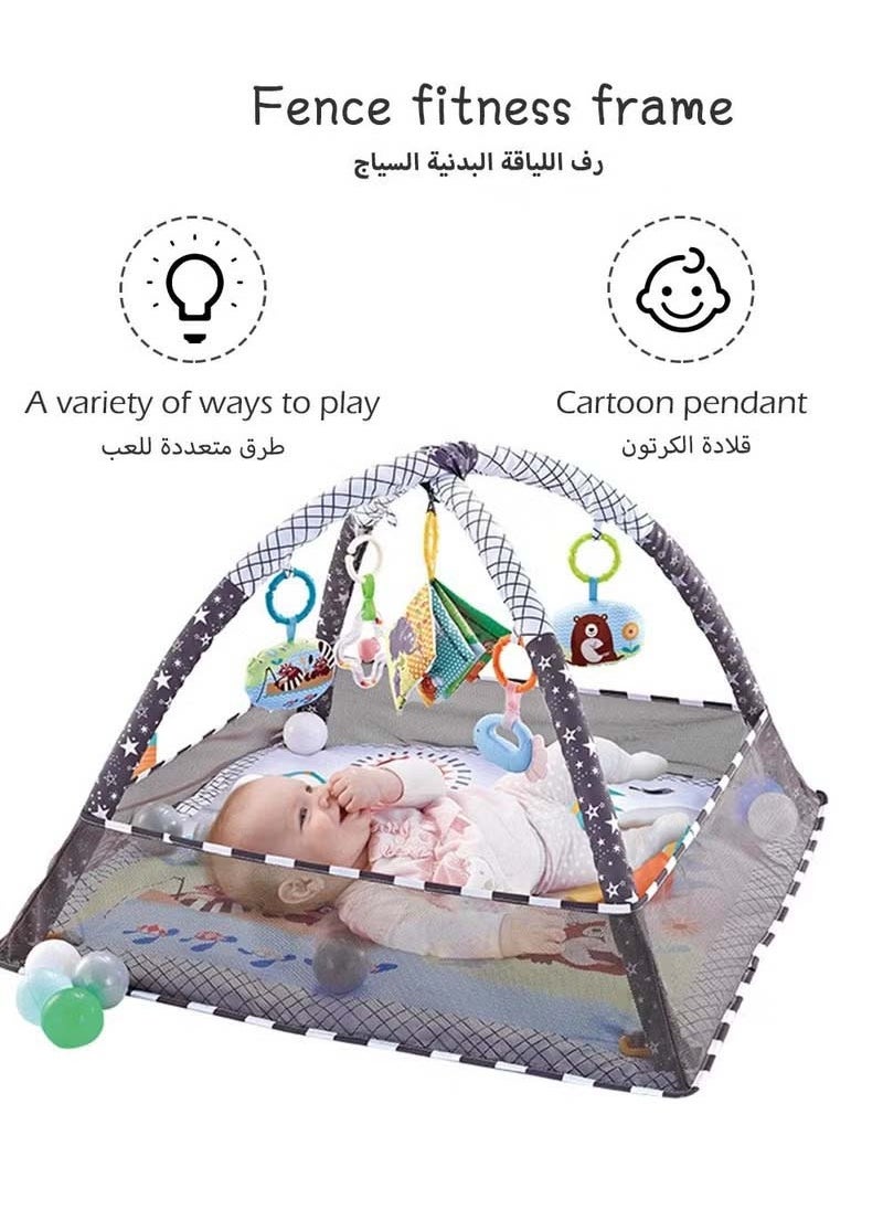 Baby Gym Play Mat, Tummy Time Play Mat with 5 Hanging Toys and 18 Ocean Balls for Sensory and Motor Skill Development, Non-Slip Washable Play Mat for Babies 0-36 Months