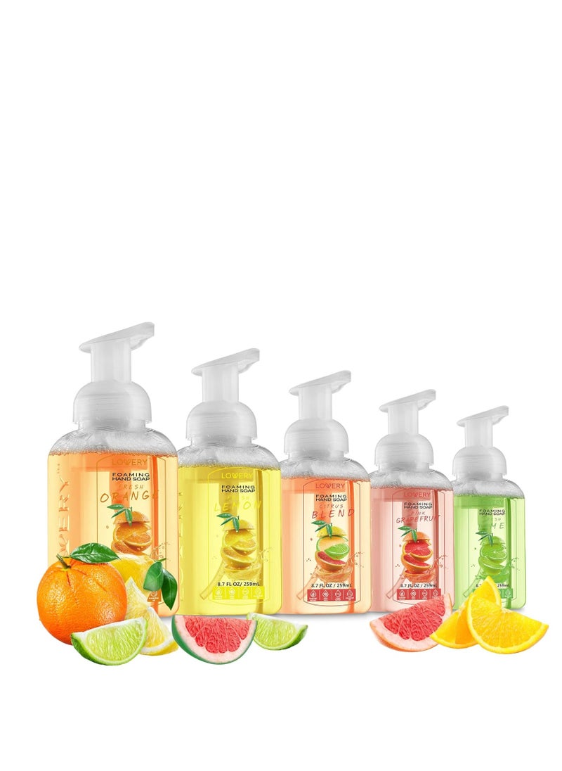 Foaming Hand Soap - Pack of 5 - Moisturizing Hand Soap with Aloe Vera & Essential Oils - Alcohol-Free Hand Wash in Citrus Blend, Lemon, Orange, Lime, Pink Grapefruit Fragrances for Kitchen & Bathroom