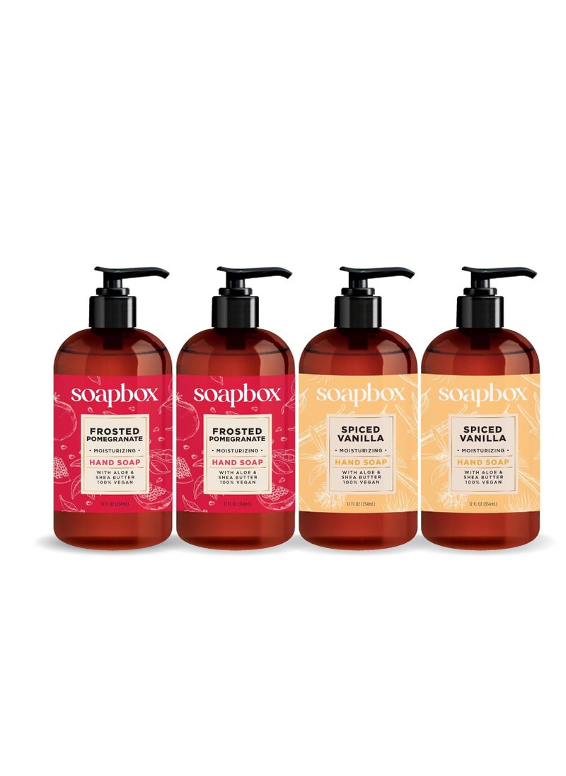 Soapbox Winter Hand Soaps, Spiced Vanilla & Frosted Pomegranate Liquid Hand Soap, Moisturizing Soap, Shea Butter & Aloe, Pack of 4, 12oz