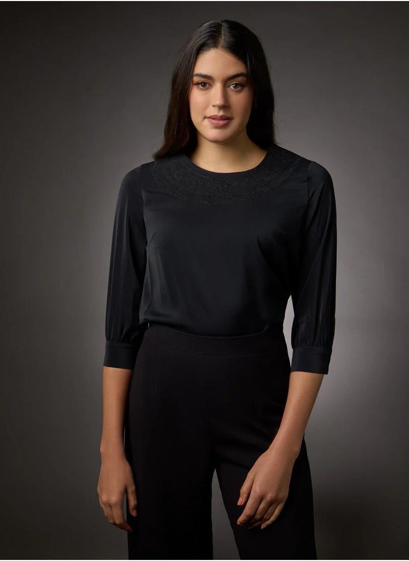 Neck Embroidered Half Sleeve Top-Black