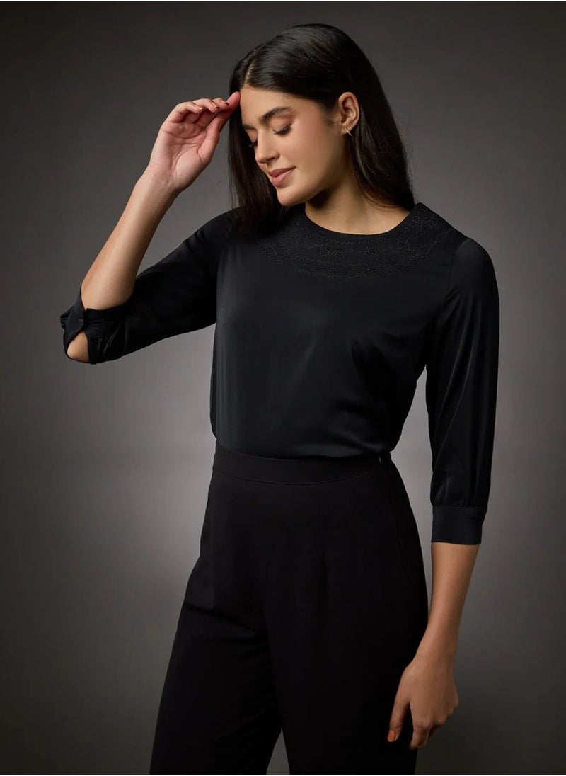 Neck Embroidered Half Sleeve Top-Black