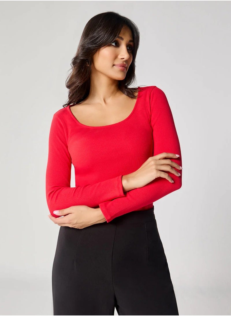 Long Sleeve Red Rib Top