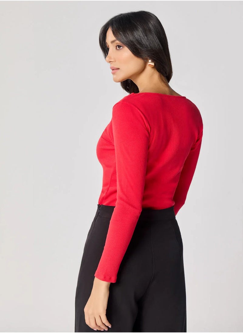 Long Sleeve Red Rib Top