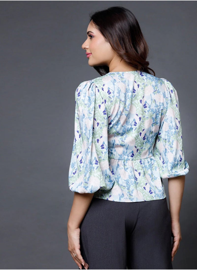 Printed Satin Peplum Top