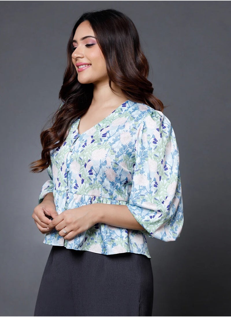 Printed Satin Peplum Top