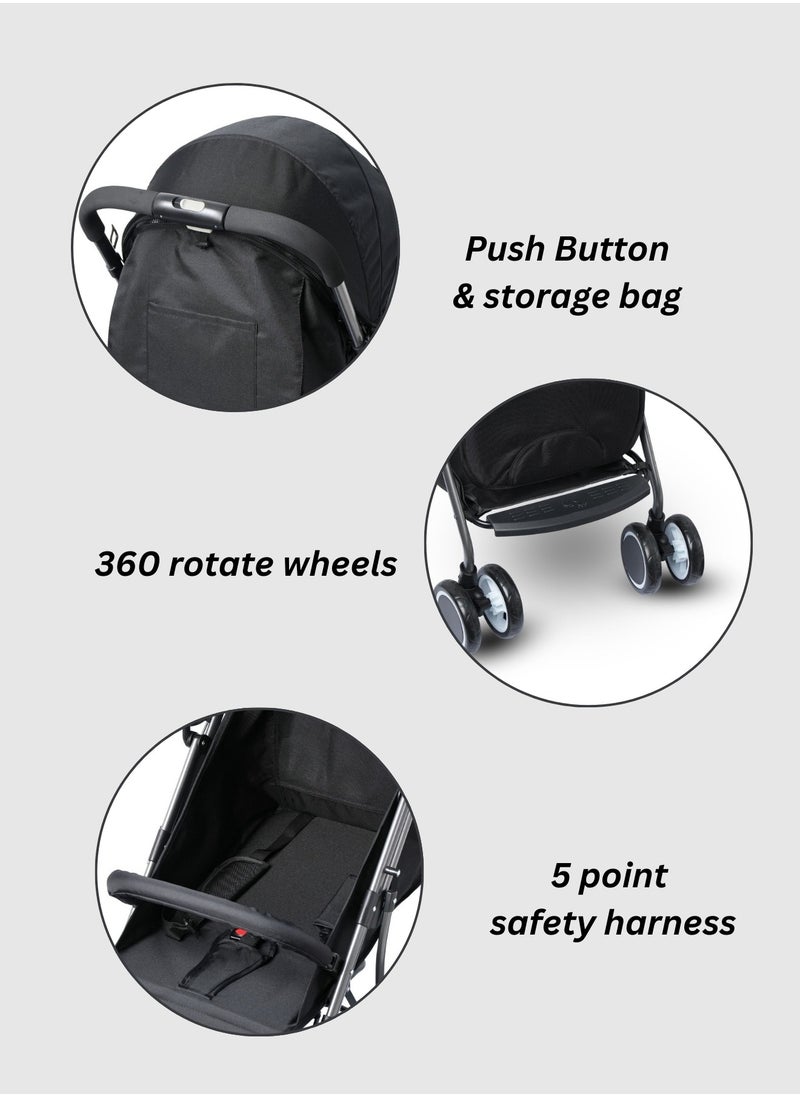 Baby Stroller – One-Hand Fold, Adjustable Footrest & Hood, 5-Point Safety Harness, Large Storage Bag, Black