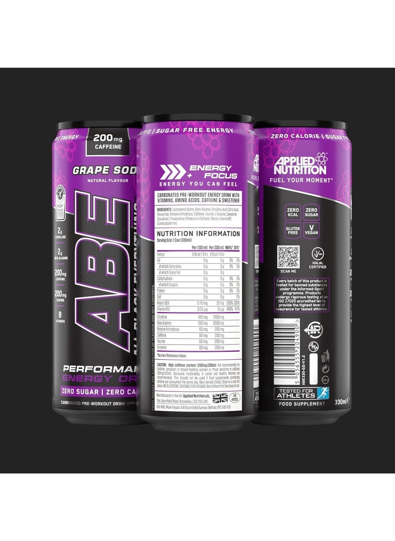 Abe Energy Plus Performance Pre-Workout Drink Graper Soda 330ML Pack of 12