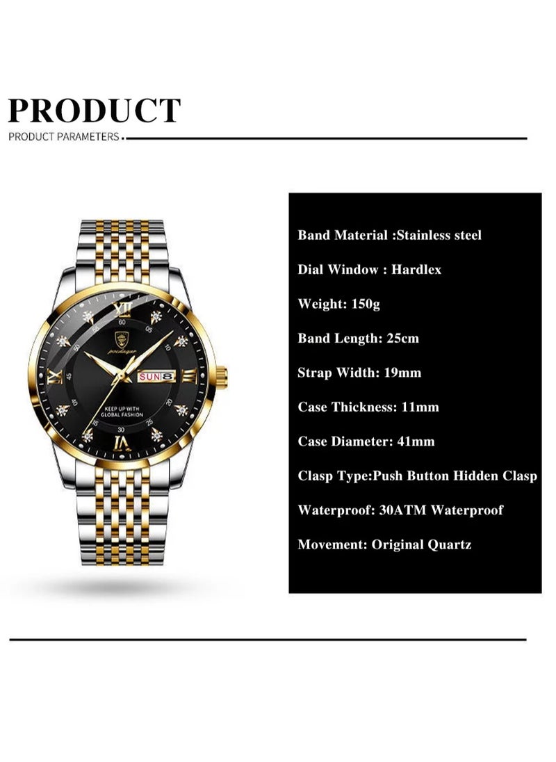 Man Watch Stainless Stain Business Quartz Watches Waterproof Luminous Week Date Men's Wristwach -42mm