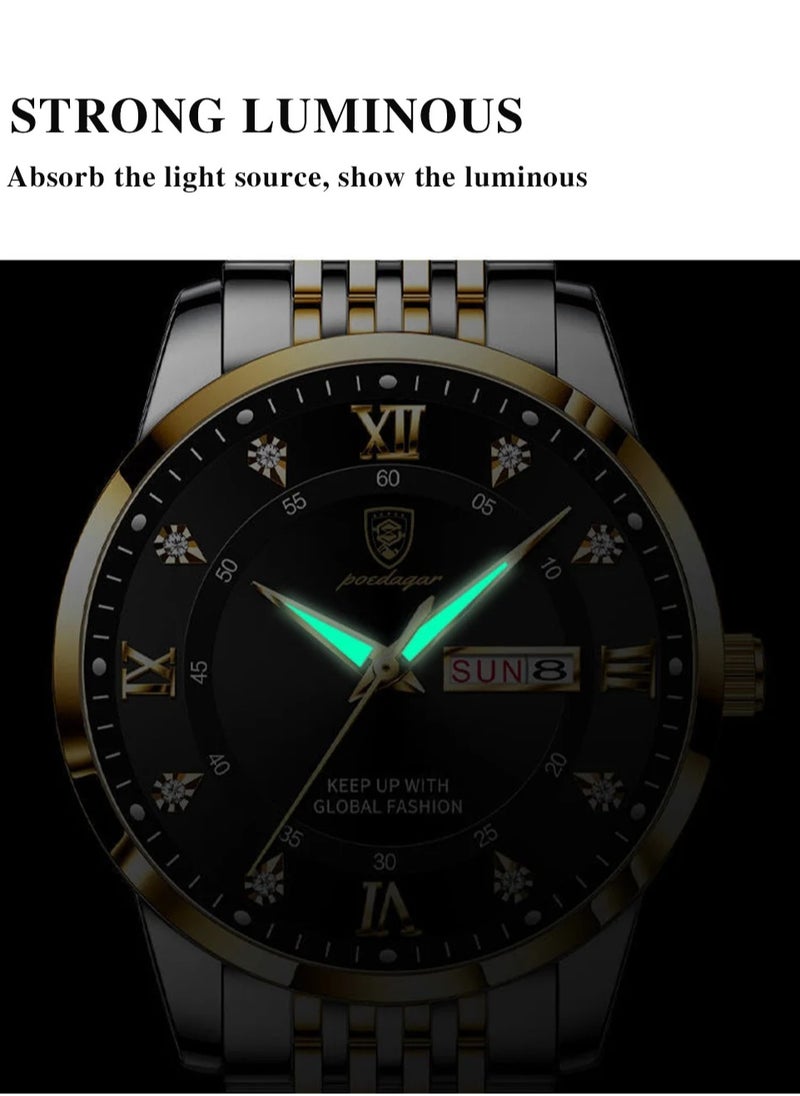 Man Watch Stainless Stain Business Quartz Watches Waterproof Luminous Week Date Men's Wristwach -42mm
