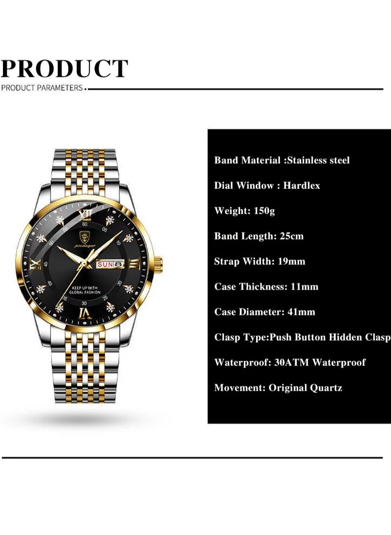 Man Watch Stainless Stain Business Quartz Watches Waterproof Luminous Week Date Men's Wristwach -42mm