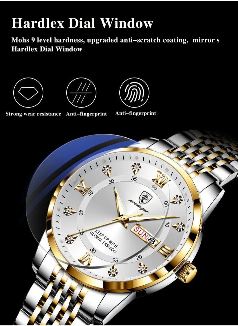 Man Watch Stainless Stain Business Quartz Watches Waterproof Luminous Week Date Men's Wristwach -42mm