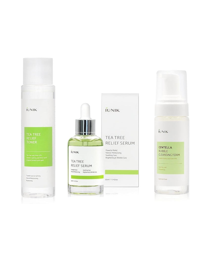 IUNIK Centella Bubble Foaming Facial Cleanser, 5.07 Fl Oz + Tea Tree Relief Face Toner 6.7 Fl Oz + Tea tree Relief Natural Facial Serum 1.71 Fl Oz