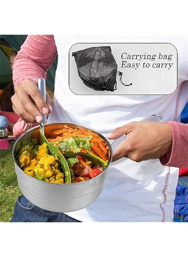 DOERDO Stainless Steel Camping Cook Pot with Lid and Folding Handle, 1.5L Camping Cookware Large Capacity Bento Pot for Outdoor Hiking Picnic